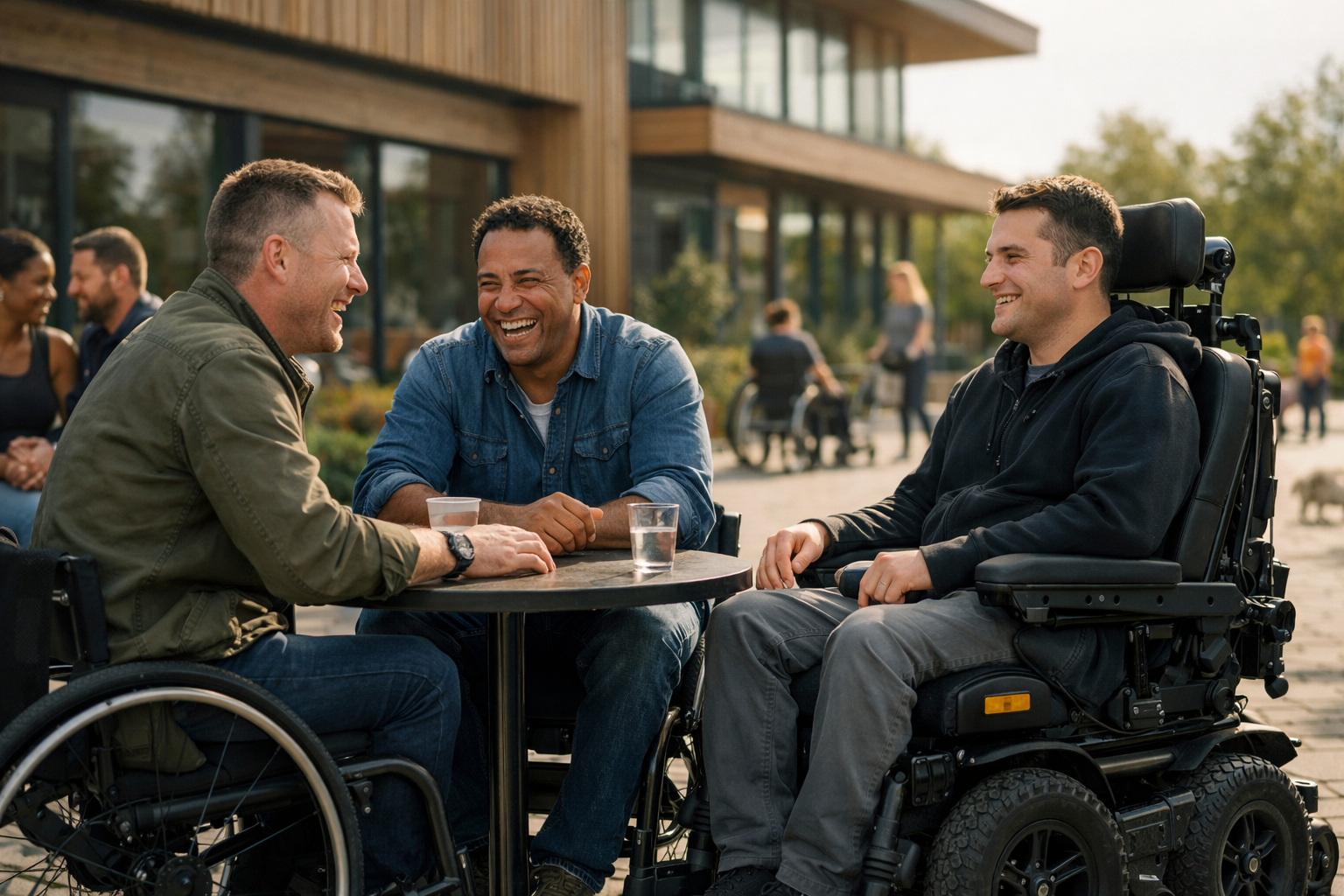Wheelchair users and friends talking together outside