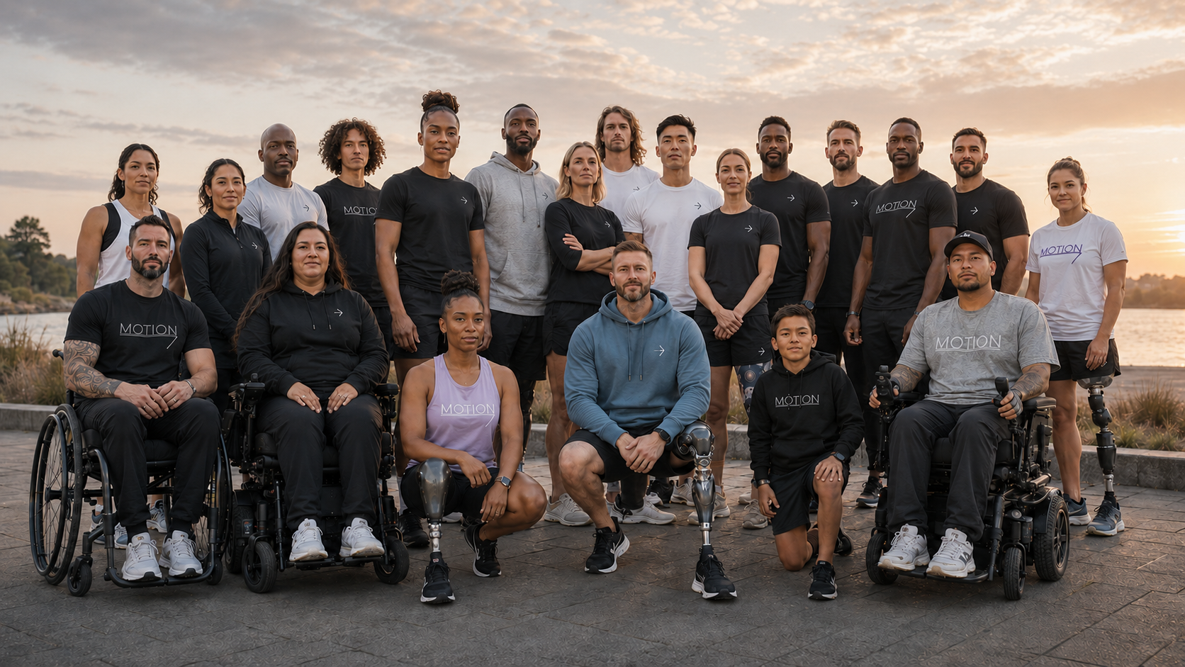 A mixed group of disabled and non-disabled people in Motion clothing by a waterfront